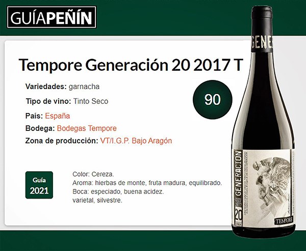 GENERACIÓN 20 GARNACHA RECIBE 90 PUNTOS EN LA GUÍA PEÑÍN'