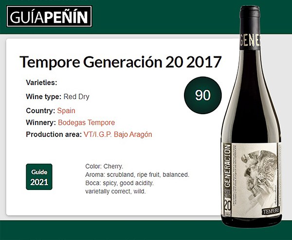 GENERACIÓN 20 GARNACHA RECEIVES 90 POINTS BY GUÍA PEÑÍN'