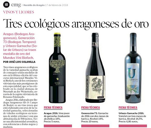 BODEGAS TEMPORE ES NOTICIA HOY EN EL HERALDO CON SU VINO ECOLÓGICO 100% GARNACHA: GENERACIÓN 73!'
