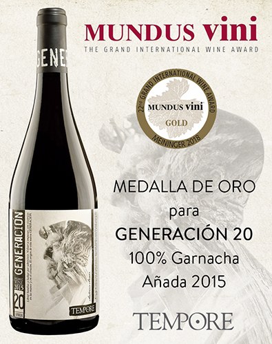 MEDALLA DE ORO EN EL CONCURSO MUNDUS VINI PARA NUESTRO VINO ECOLÓGICO 100% GARNACHA: GENERACIÓN 20!'