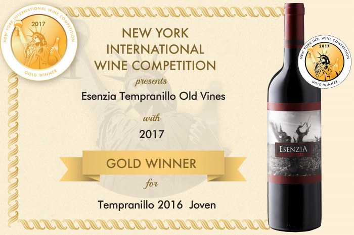 GOLD MEDAL FROM NEW YORK FOR OUR ORGANIC WINE ESENZIA OLD VINE TEMPRANILLO 2016'
